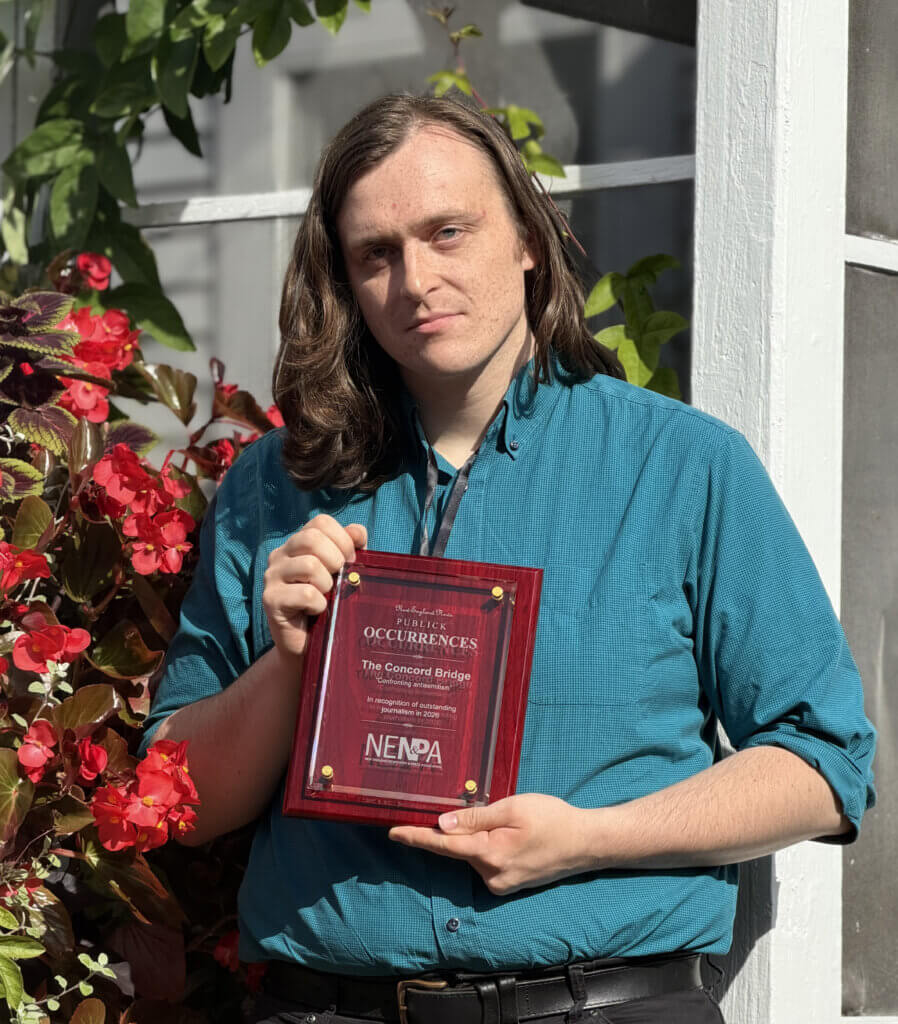 Municipal Reporter Dakota Antelman accepted the award at a press association ceremony in Sturbridge. Photo: Celeste Katz Marston/ The Concord Bridge